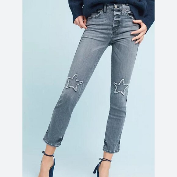 McGuire X Anthropologie Vintage Mid Rise Slim Jeans Star Patch Stretch Denim 25‎ - Picture 1 of 15
